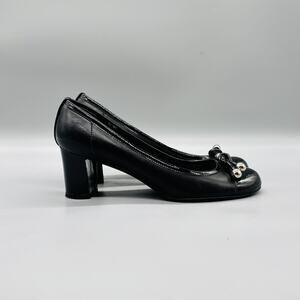 Stuart Weitzman Shoes Womens 7 Black Leather Patent Cap Toe Bow Block Heel Pumps